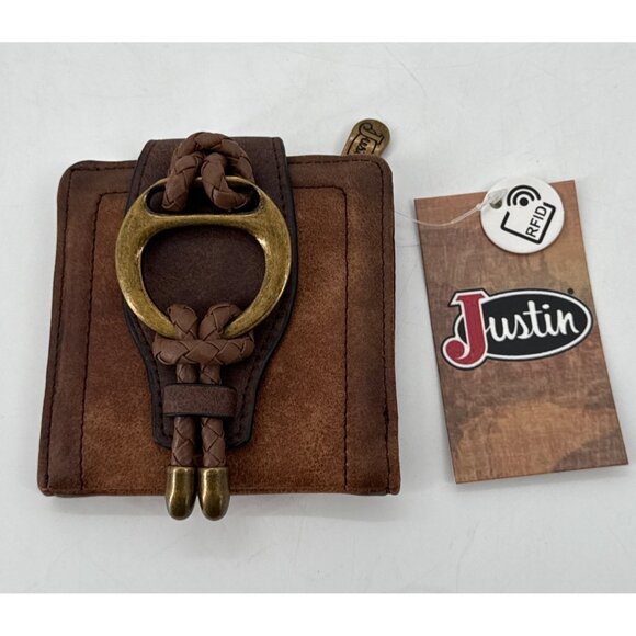 Justin Womens Wallet Bifold Metal Braided Vegan Leather Brown Western New - Picture 1 of 9